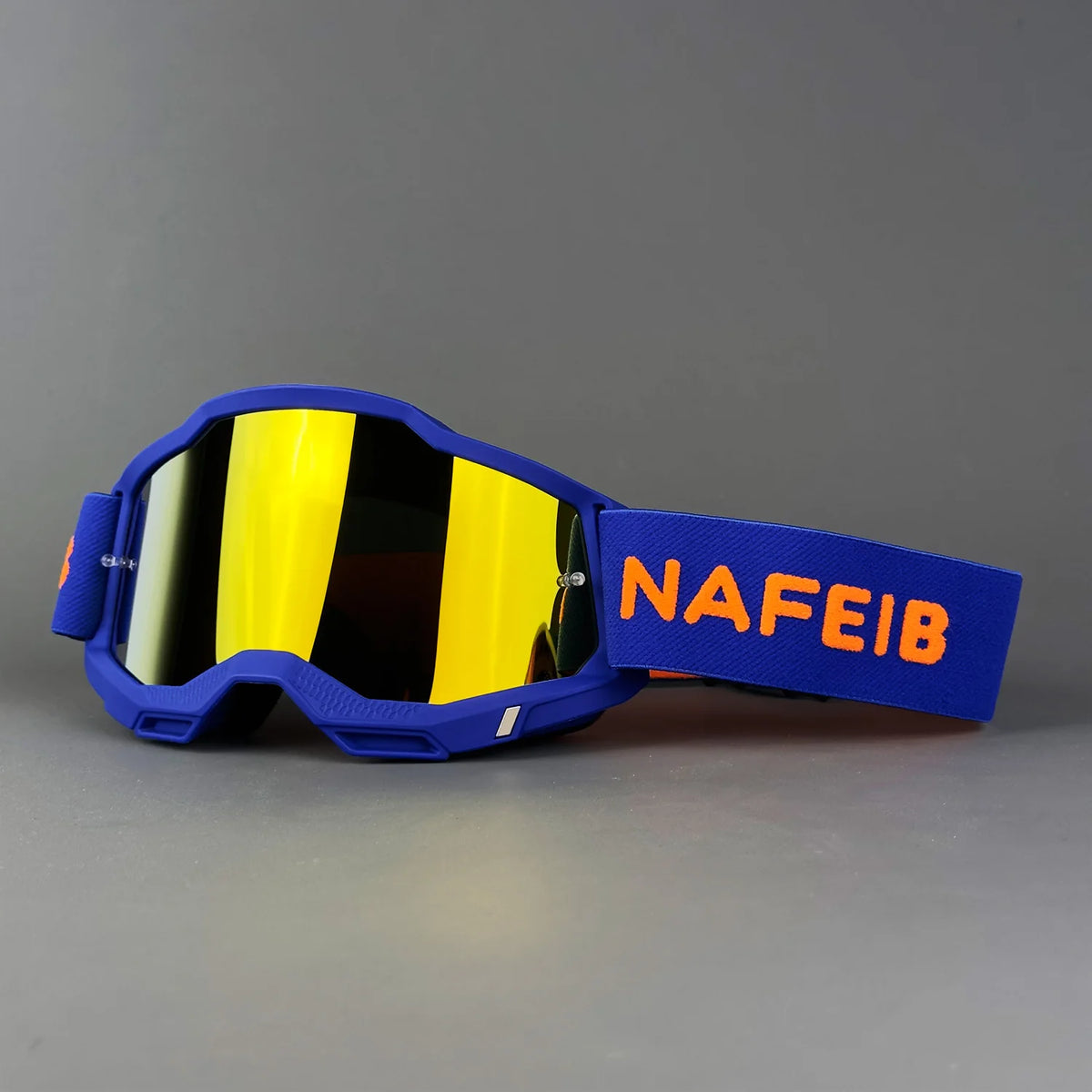 Blue off-road racing goggles with yellow-tinted lenses and an orange strap featuring the text NAFEIB