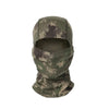 A camouflage balaclava cap in green and brown tones shown against a white background.