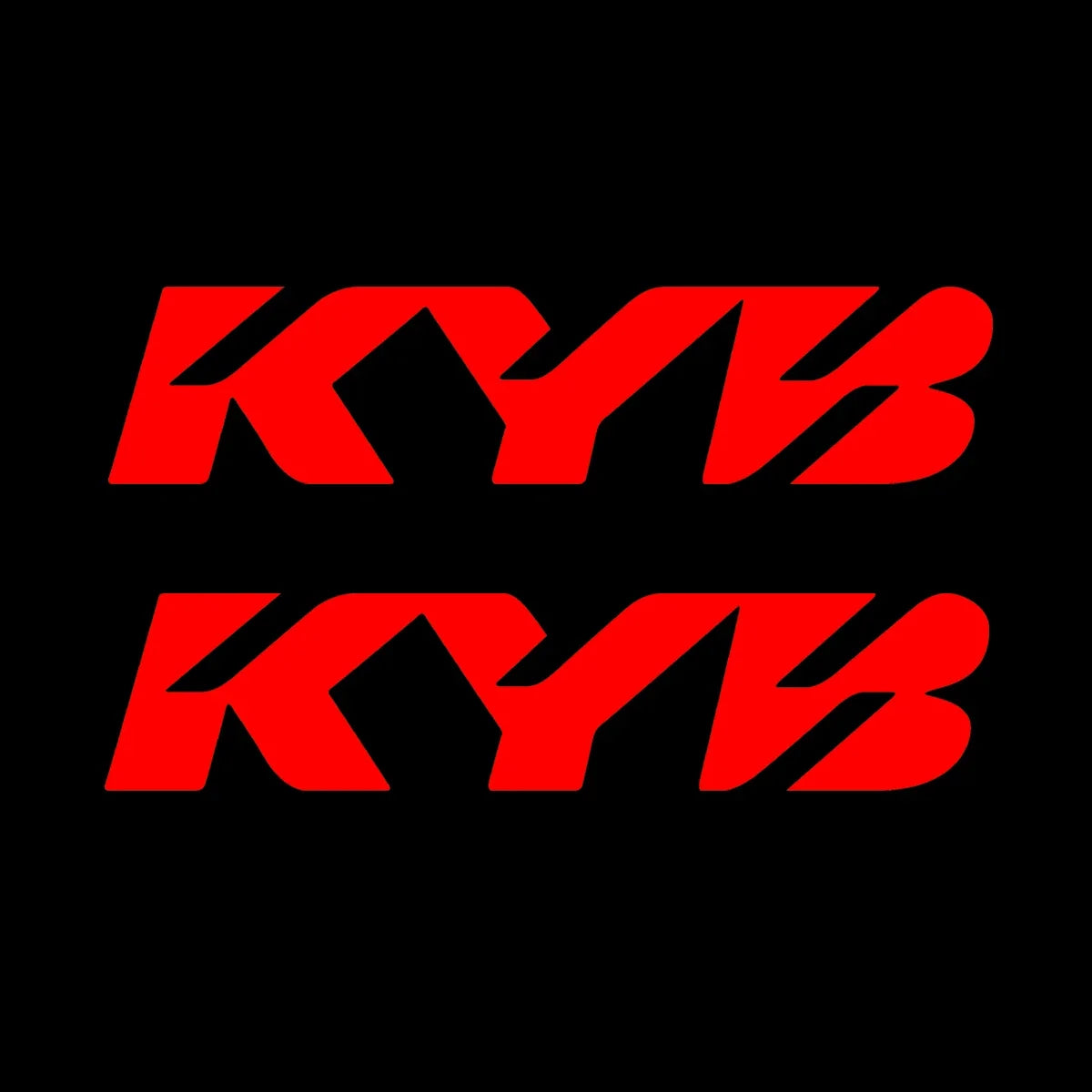Red text displaying the letters KYB in a bold, stylized font against a black background.
