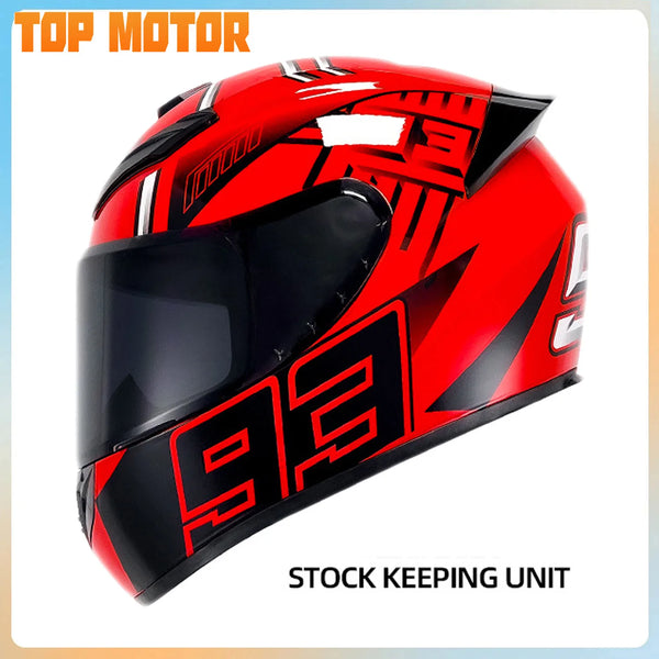 Red and black full face motorcycle racing helmet with a graphic design