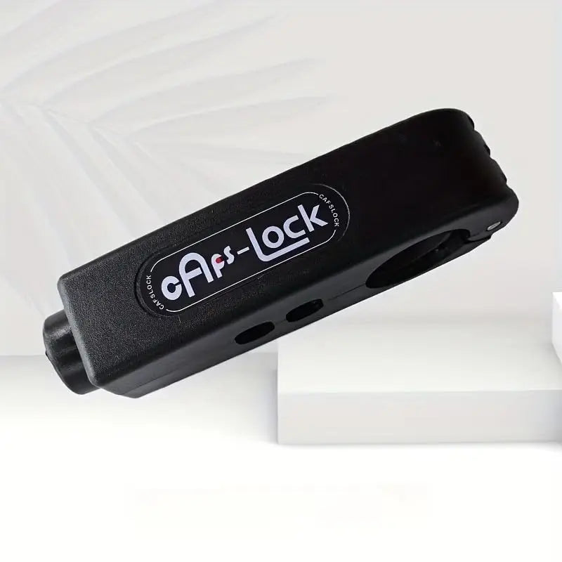 A black universal motorcycle handlebar security lock is shown in a top-down view.