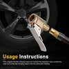 A brass tire inflator head and extension tube are shown next to a car wheel, illustrating usage instructions.