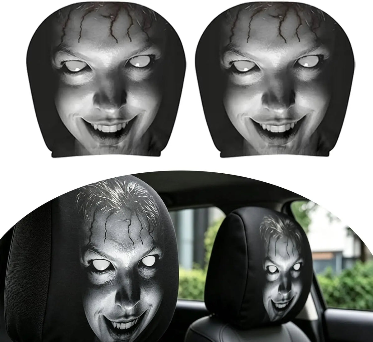 Fundas de cabeza Ghost Face instaladas en un asiento de coche.
