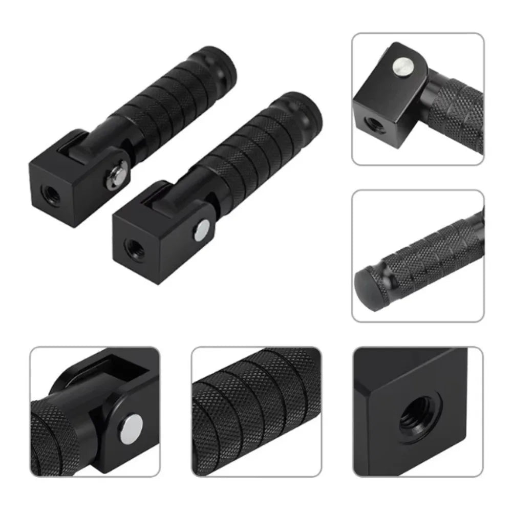 Set of black universal motorcycle foot pegs and footrests shown in various angles