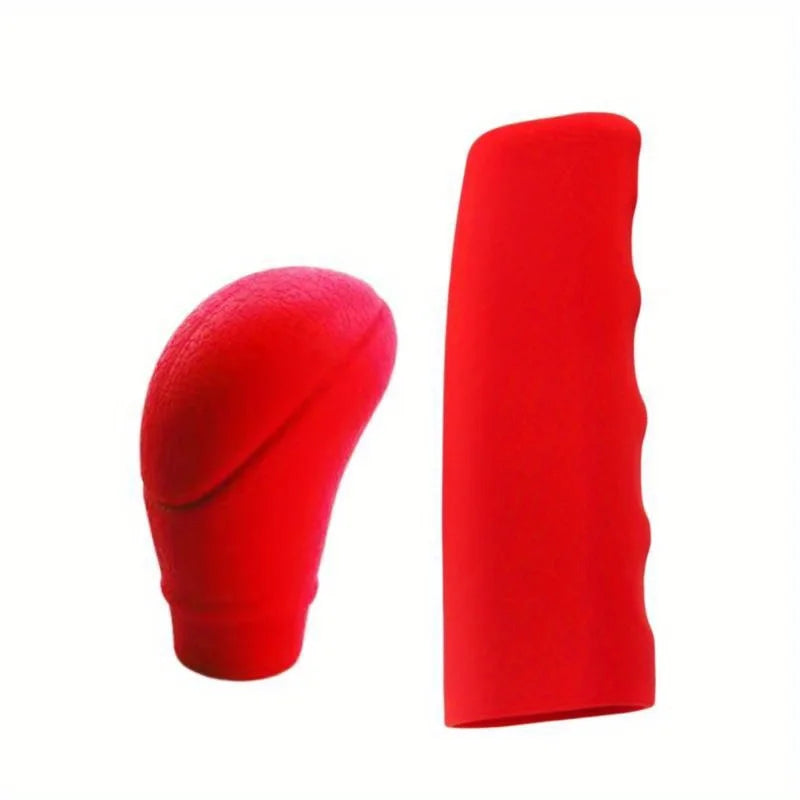 A set of red car gear shift knob and handbrake covers.