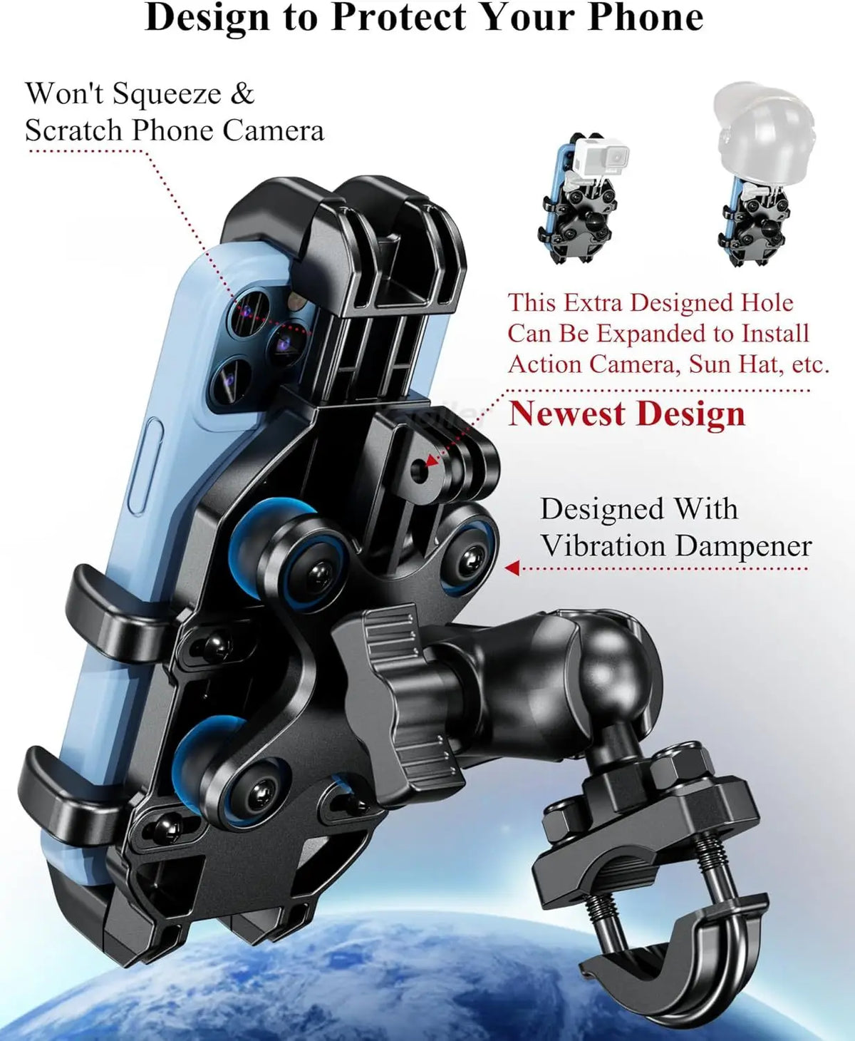 A heavy-duty motorcycle phone mount with a fork stem base designed to protect the phone camera.