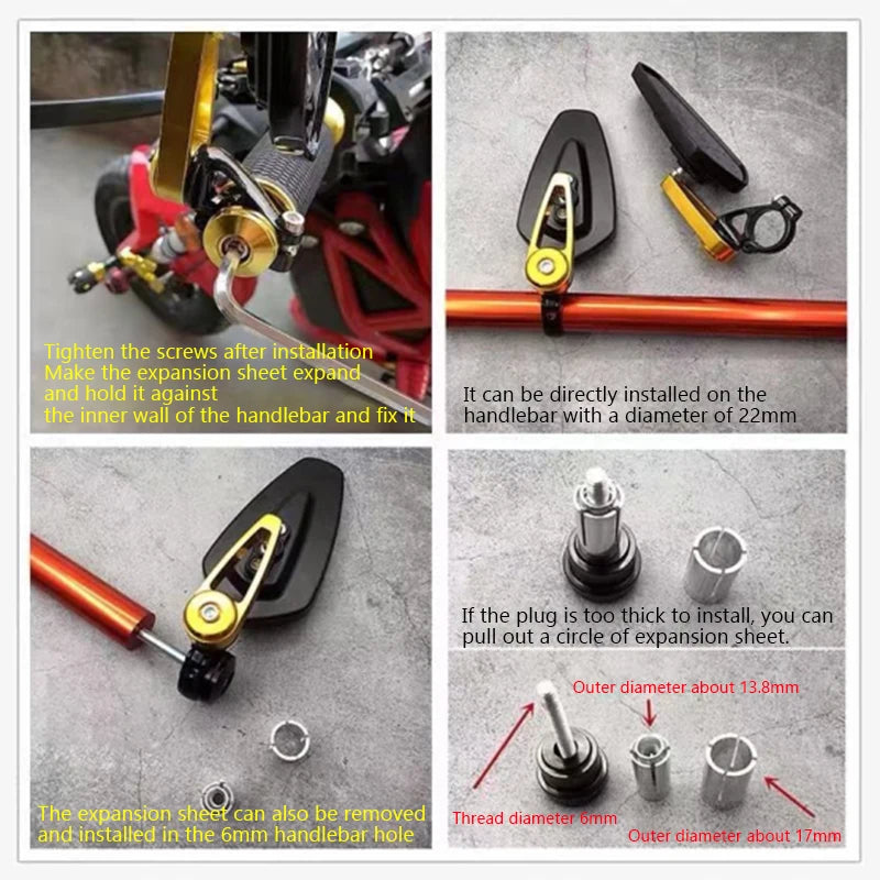 Installation guide showing how to tighten screws and install an expansion sheet on a handlebar.
