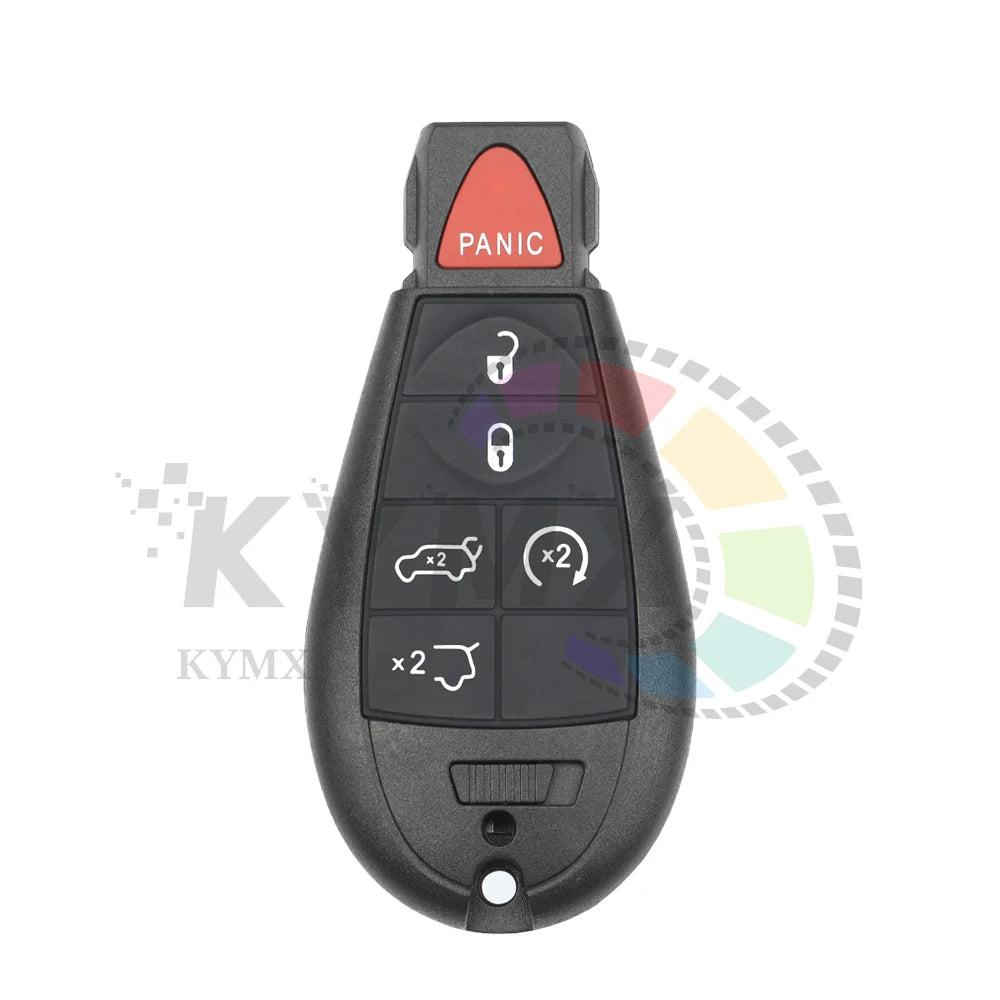 A black smart remote car key fob with a panic button and various vehicle icons.