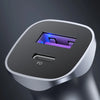 A silver car charger with a translucent purple light visible through the port and a PD indicator.