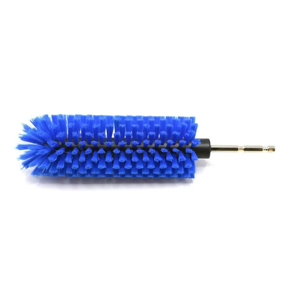 A bright blue multipurpose drill brush designed for cleaning wheels and tires.