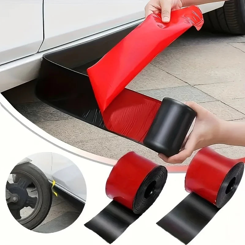 A hand is applying a red and black self-adhesive PVC car side protection strip to the exterior of a vehicle's door frame.