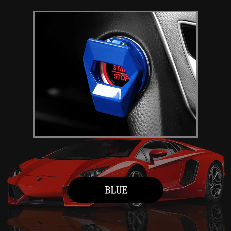 Nahaufnahme der Abdeckung des Zündschalters eines blauen Autos auf einem roten Sportwagen.