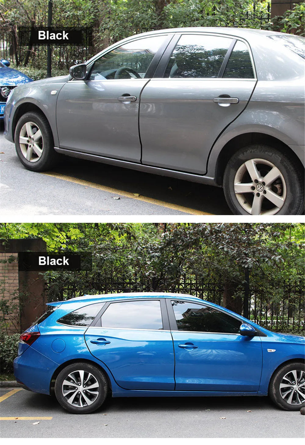 A side view of a silver Volkswagen Golf with black door edge protectors installed.