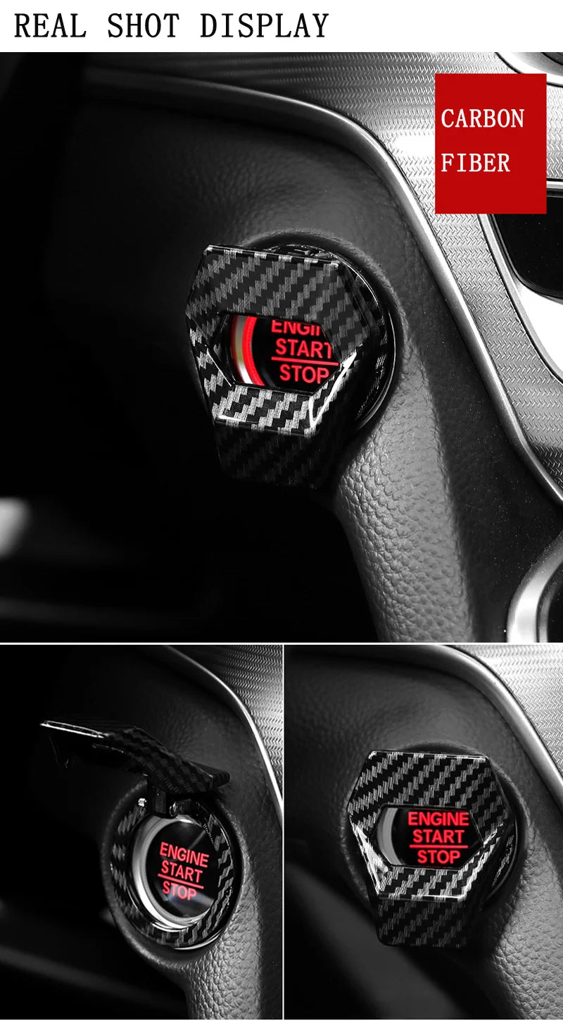 Nahaufnahme der Dekoration eines Kohlefaser-Start-Stopp-Taster an einer Armaturenbrett-Oberfläche im Auto.