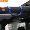Blue grab handles for a roll bar, used on an off-road vehicle.