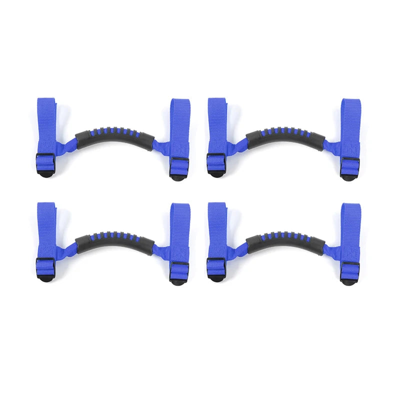 Four blue grab handles for vehicle roll bars or off-road use
