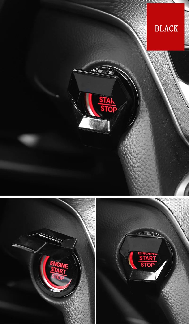 Nahaufnahme der Dekorationsabdeckung des Zündschalters eines schwarzen Autos, die die START-STOP-Anzeige zeigt.
