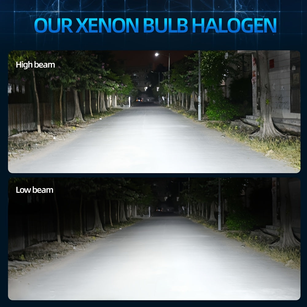 Comparison of high beam and low beam light from a xenon bulb halogen car headlight.