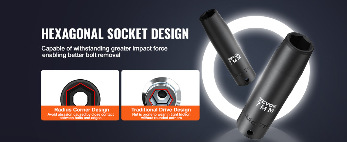 A black hexagonal socket design with a radius corner and traditional drive for better bolt removal.