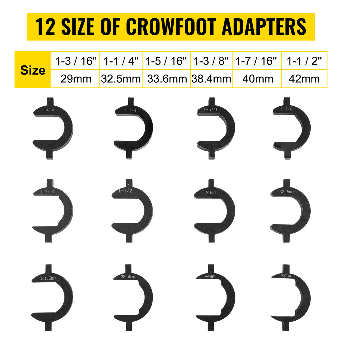 A set of twelve size crowfoot adapters for inner tie rod removal tools, shown in black.
