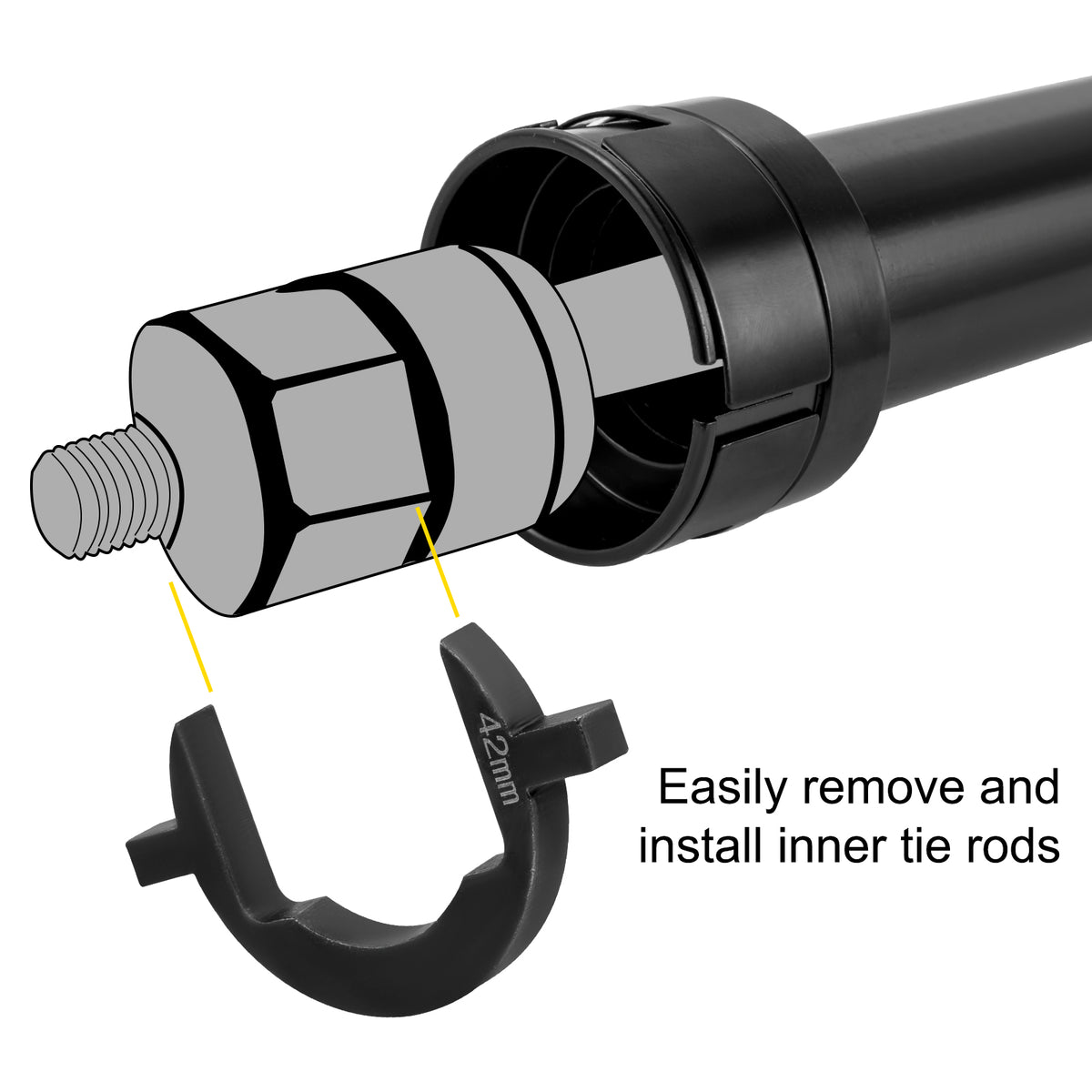 A black tool for easily removing and installing inner tie rods, featuring a crowfoot adapter.