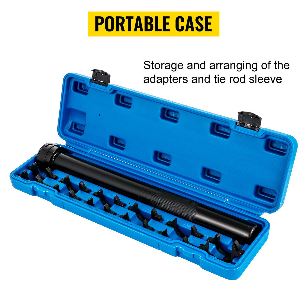 A portable blue case containing adapters and a tie rod sleeve for tool storage.